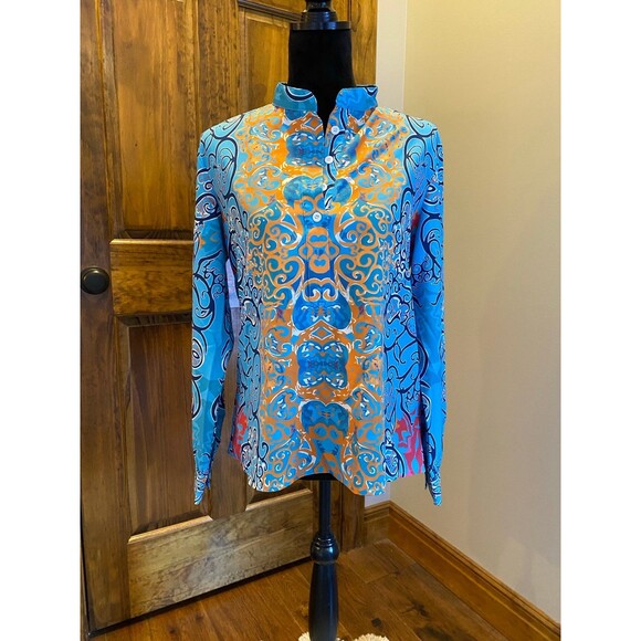 Boho Womens Blouse Size Large  Button Down Blue Patterened Top Cuffed Sleeves - Picture 1 of 11